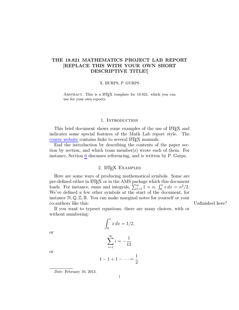 18.821 Mathematics Project Lab Report The [Replace With Project Report Latex Template