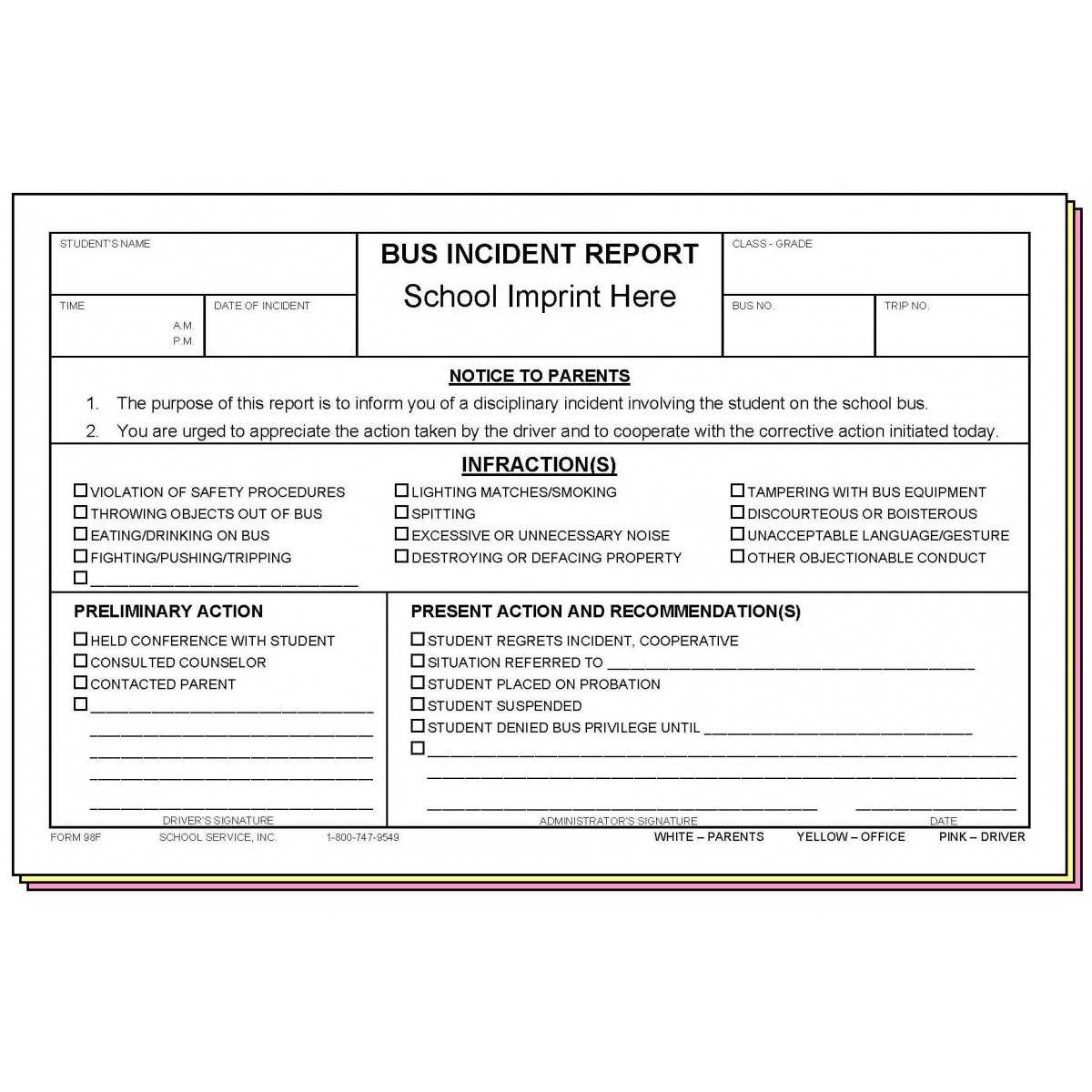 98F – Bus Incident Report W/school Imprint Throughout School Incident Report Template