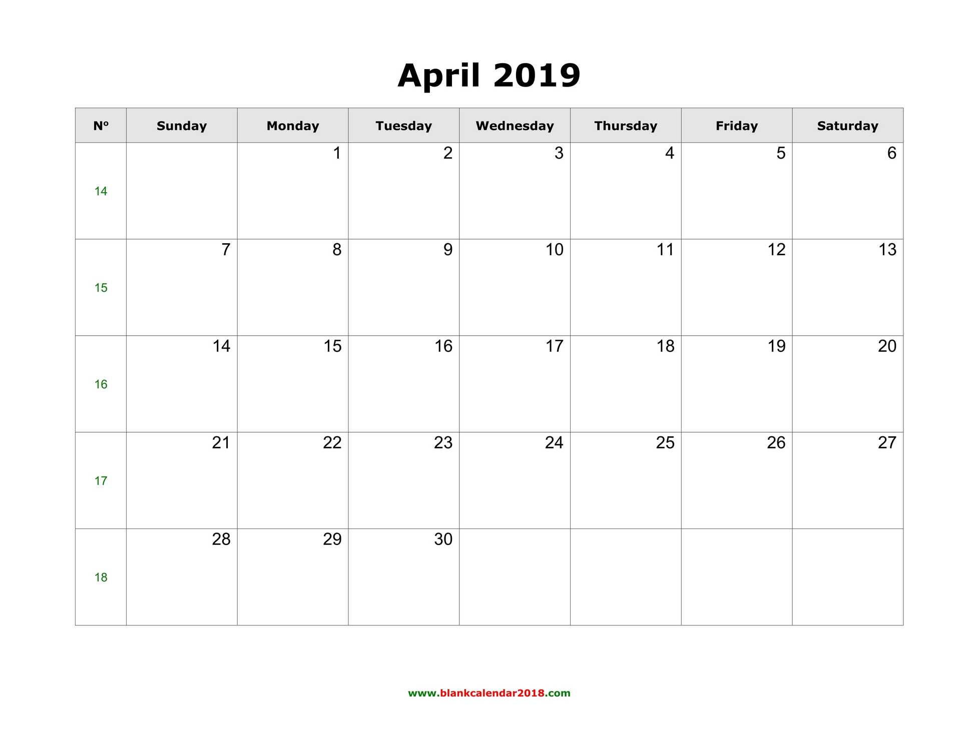 Blank Calendar For April 2019 With Regard To Blank Calender Template