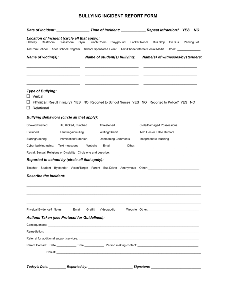 Bullying Incident Report Form Intended For School Incident Report Template