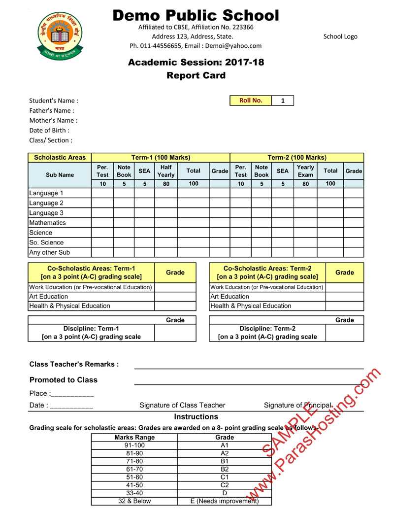 Cbse Report Card Format 2017 18 For Class 6Th | 7Th | 8Th Inside High School Student Report Card Template
