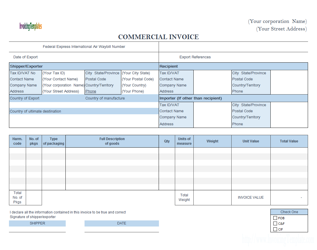 Commercial Invoice – Fedex Style (Landscape) Throughout Commercial Invoice Template Word Doc