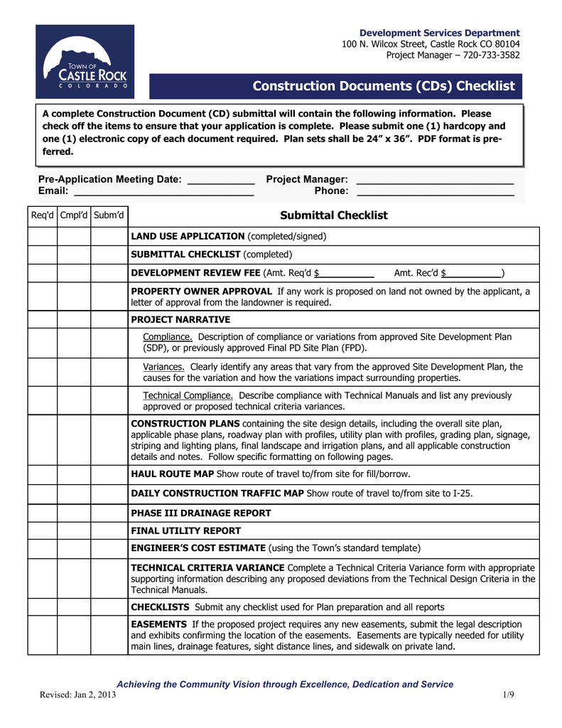 Construction Documents (Cds) Checklist In Drainage Report Template