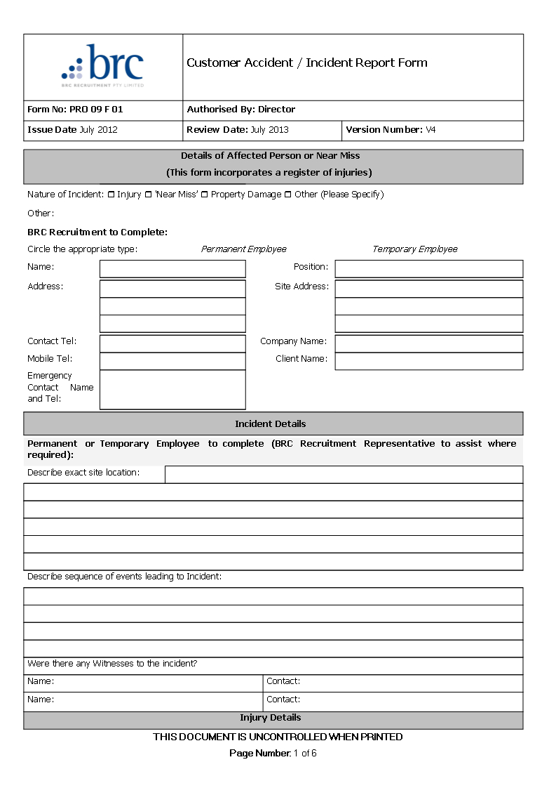 Customer Accident Incident Report | Templates At Intended For Customer Incident Report Form Template