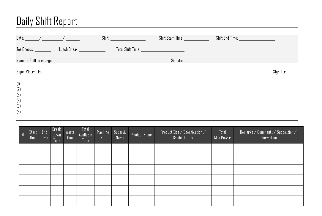 Daily Shift Report – With Daily Report Sheet Template