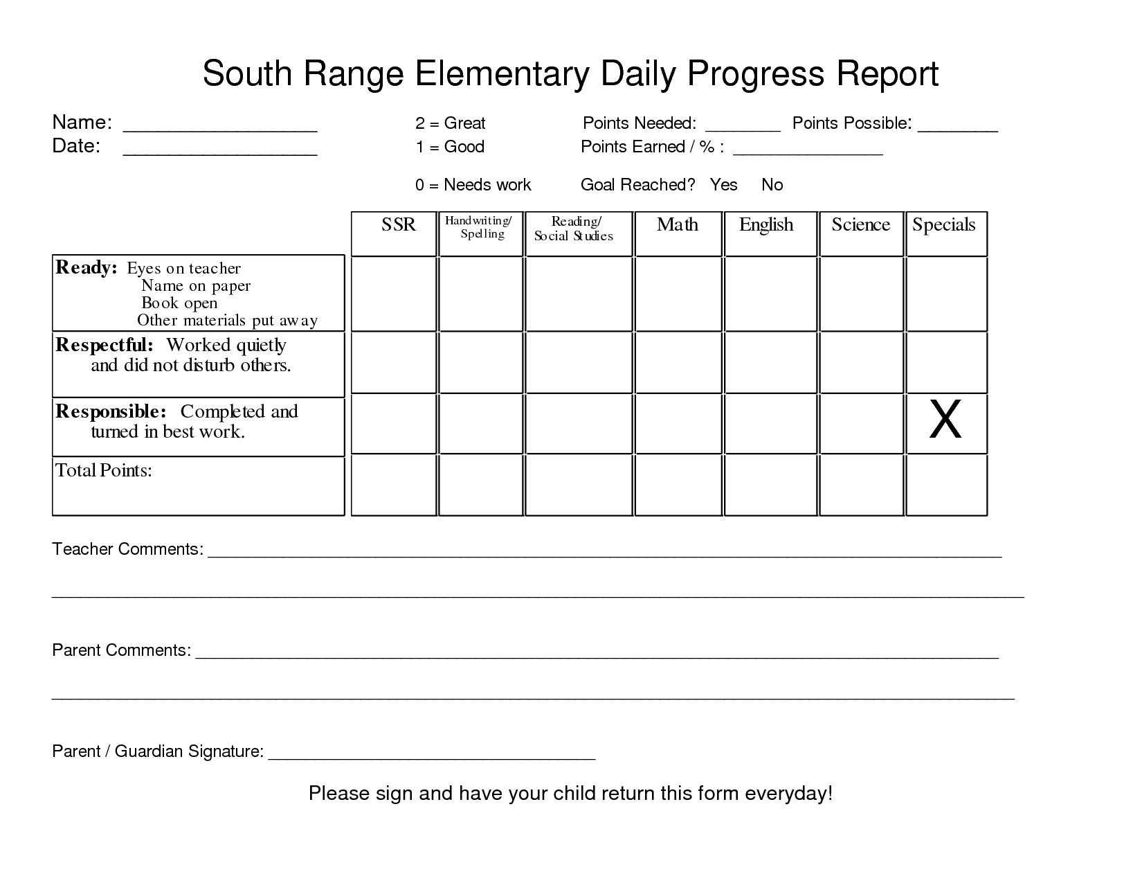 Downloadable Elementary School Daily Progress Report Within Student Progress Report Template
