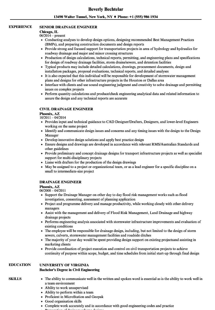 Drainage Engineer Resume Samples | Velvet Jobs With Regard To Drainage Report Template