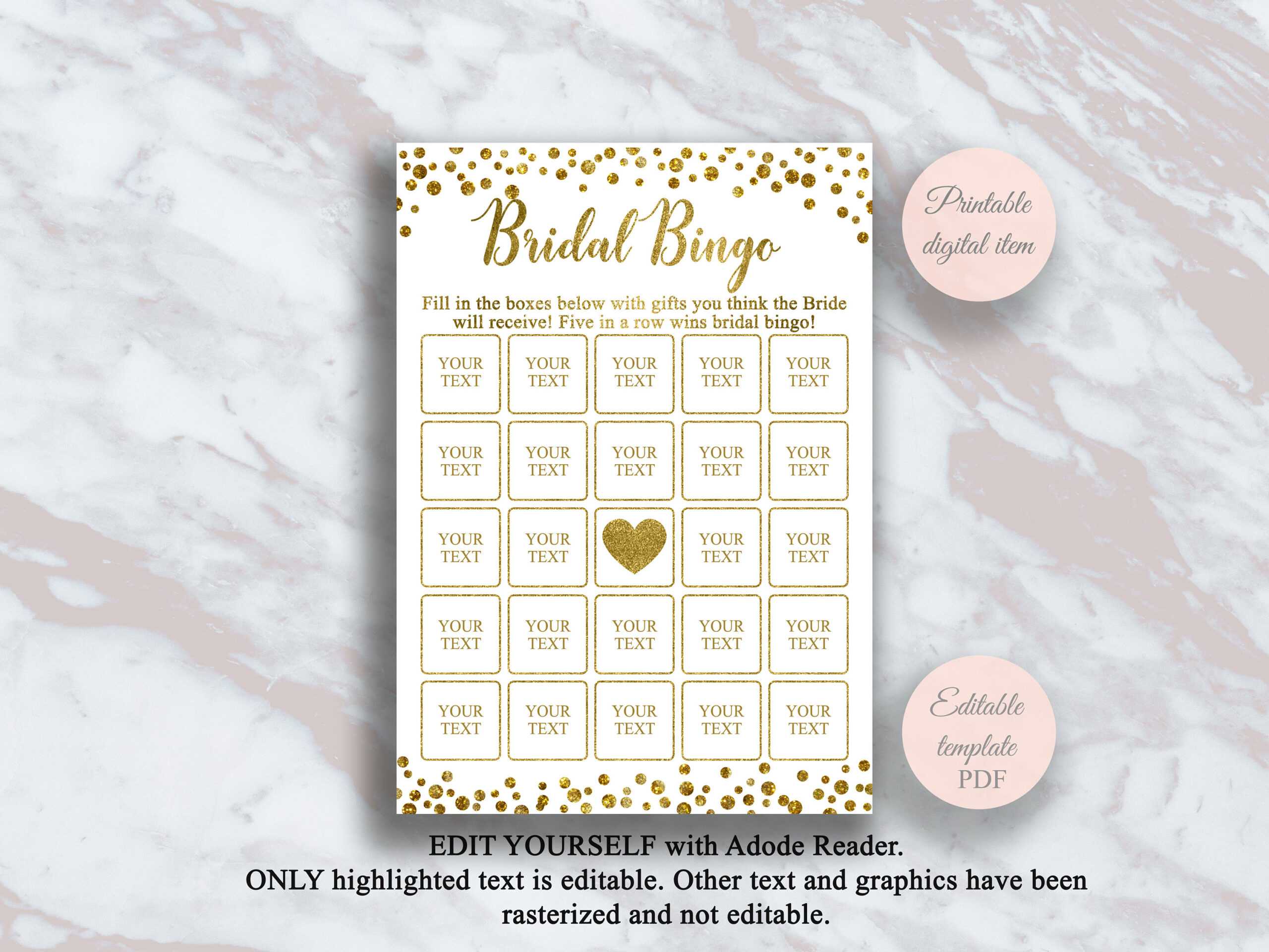 Editable Bridal Shower Bingo Cards Template, Gold Bridal Bingo, Bridal  Shower Games, Bridal Shower Ideas, Blank Bingo, Shower Activity, S2Br Inside Blank Bridal Shower Bingo Template