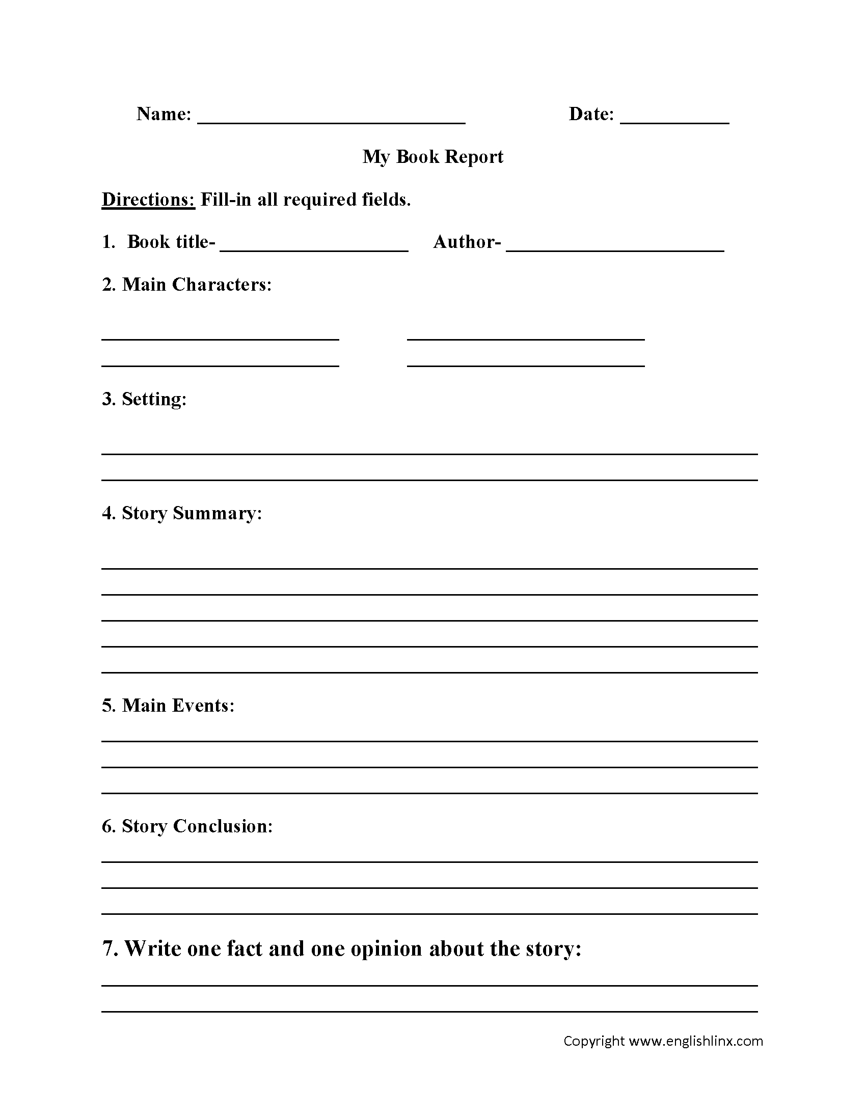 Englishlinx | Book Report Worksheets With Book Report Template Middle School