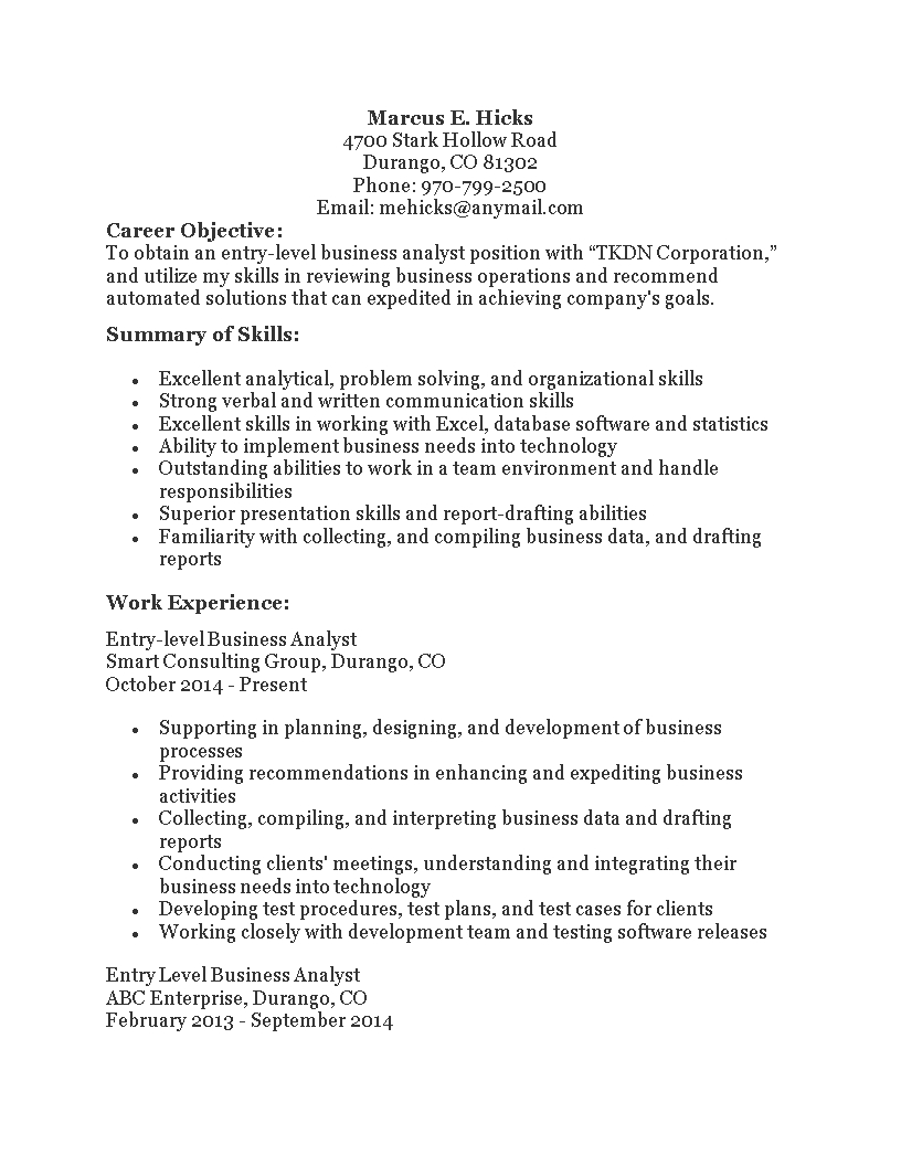 Entry Level Business Analyst Resume | Templates At Pertaining To Business Analyst Report Template