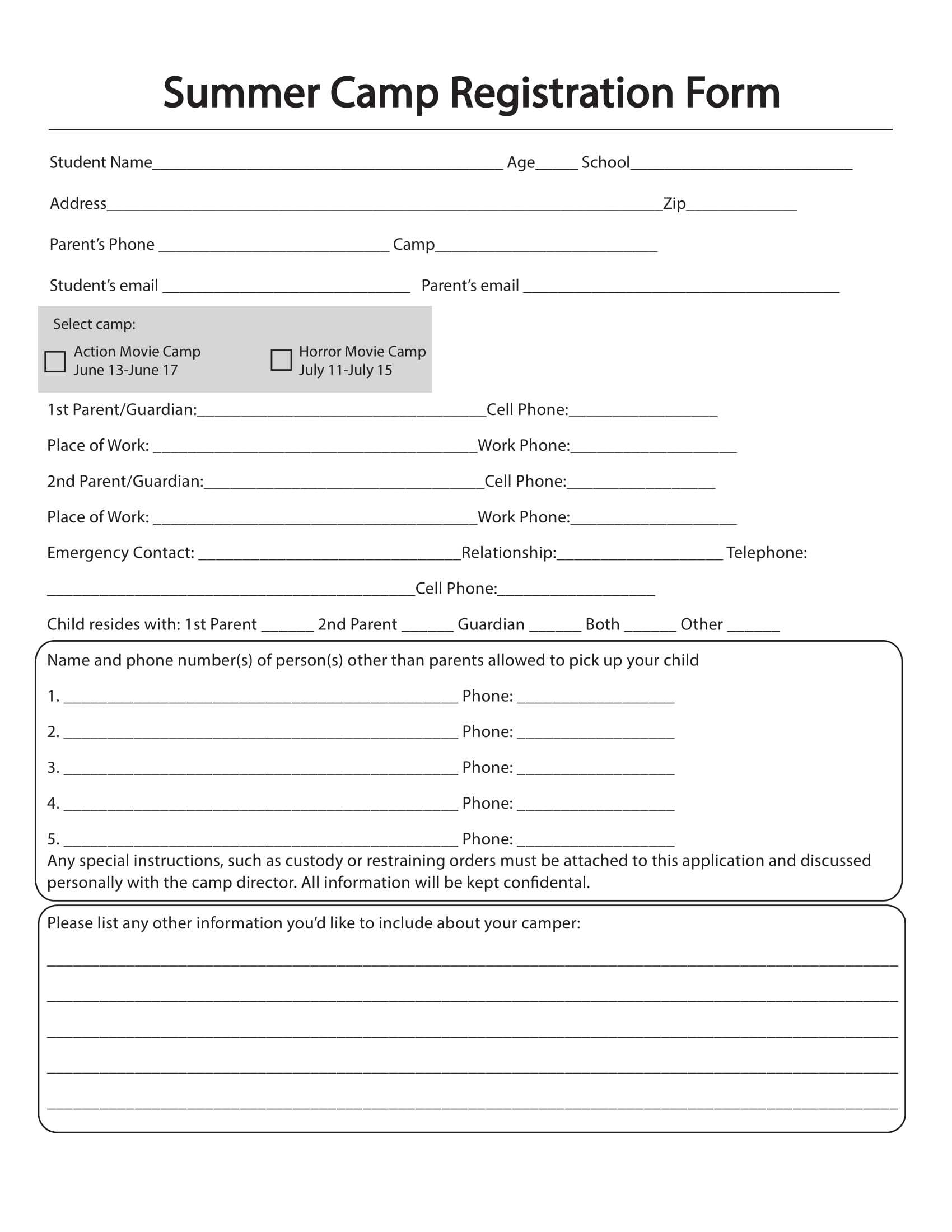 Free 11+ Printable Summer Camp Registration Forms In Pdf Throughout Camp Registration Form Template Word