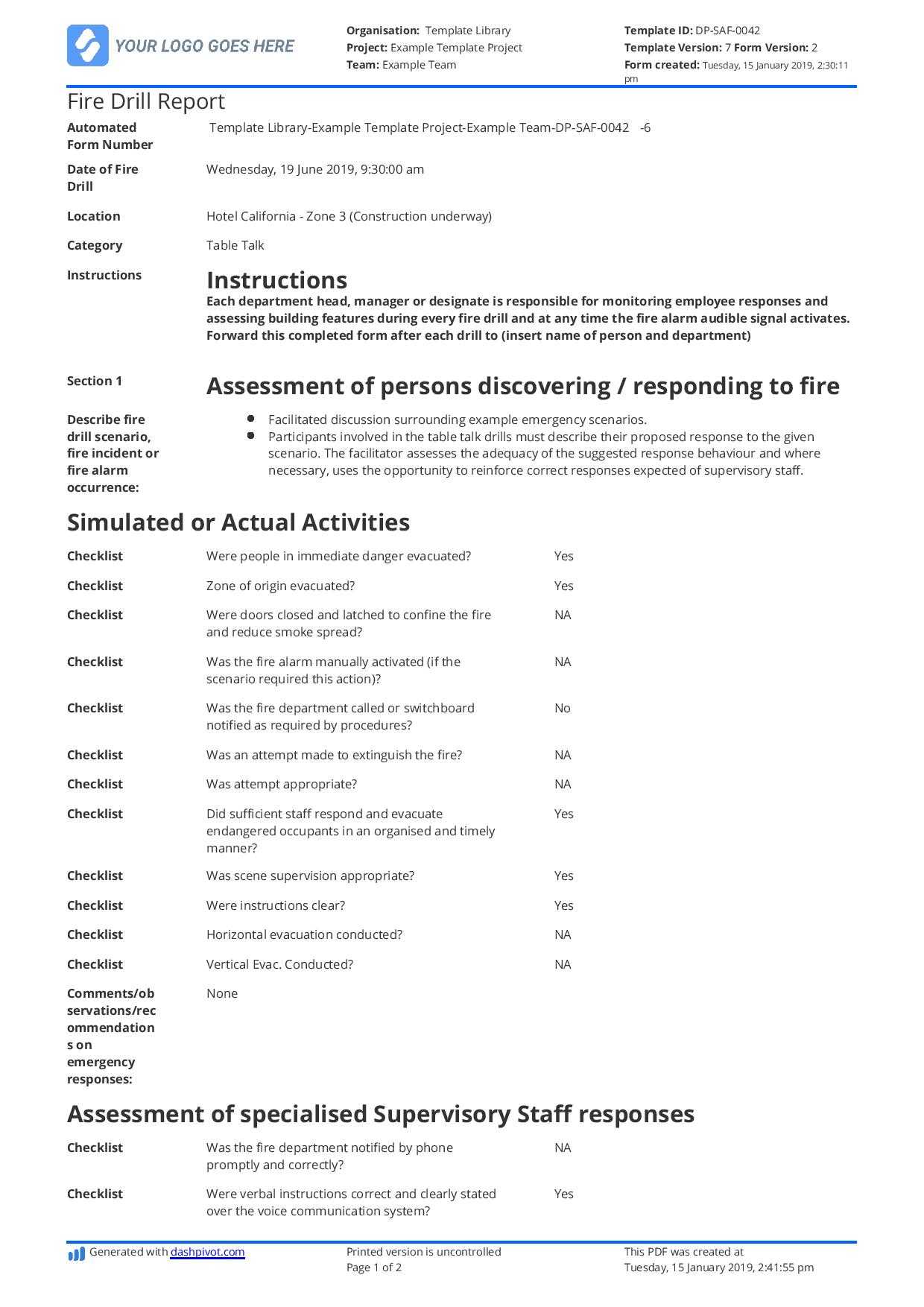 Free Fire Drill Report Template – Use, Customise, Download With Emergency Drill Report Template