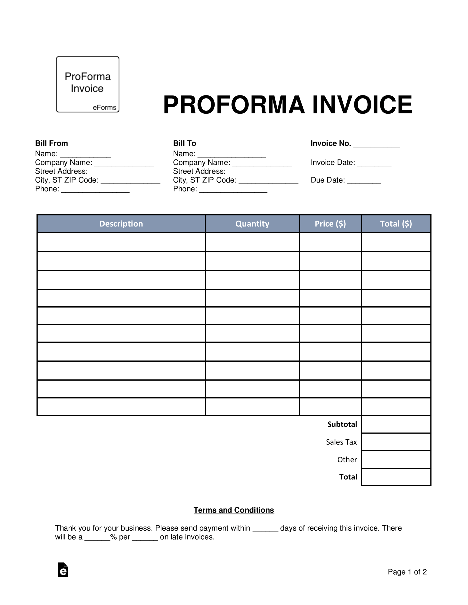Free Proforma Invoice Template - Word | Pdf | Eforms – Free Throughout Free Proforma Invoice Template Word