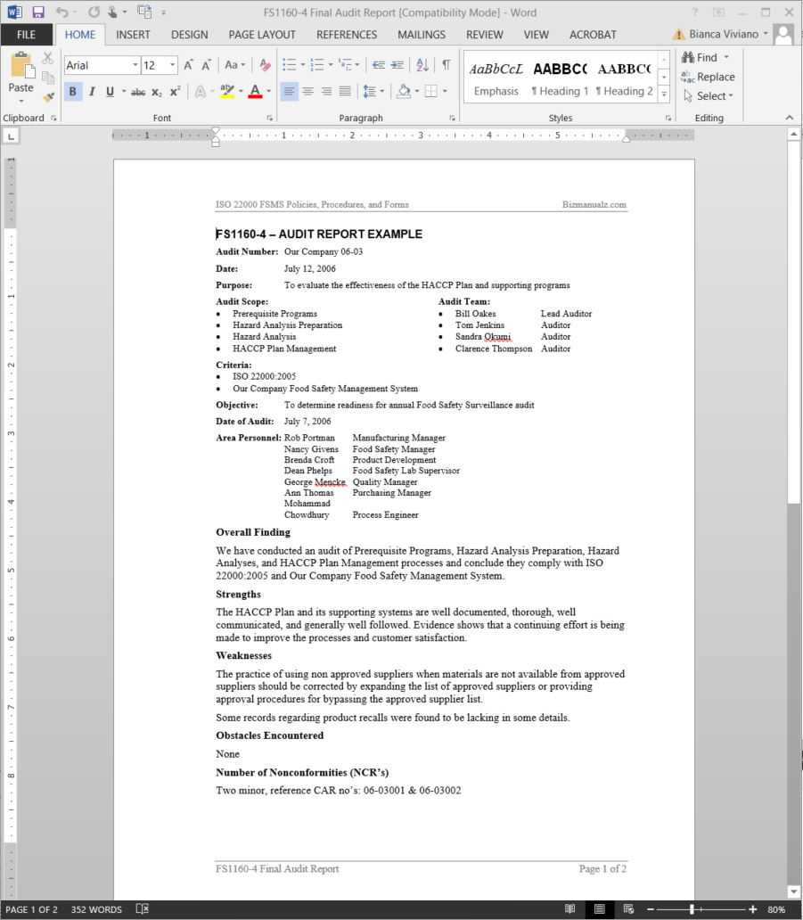 Fsms Audit Report Example Template | Fds1160 4 Intended For Internal Audit Report Template Iso 9001
