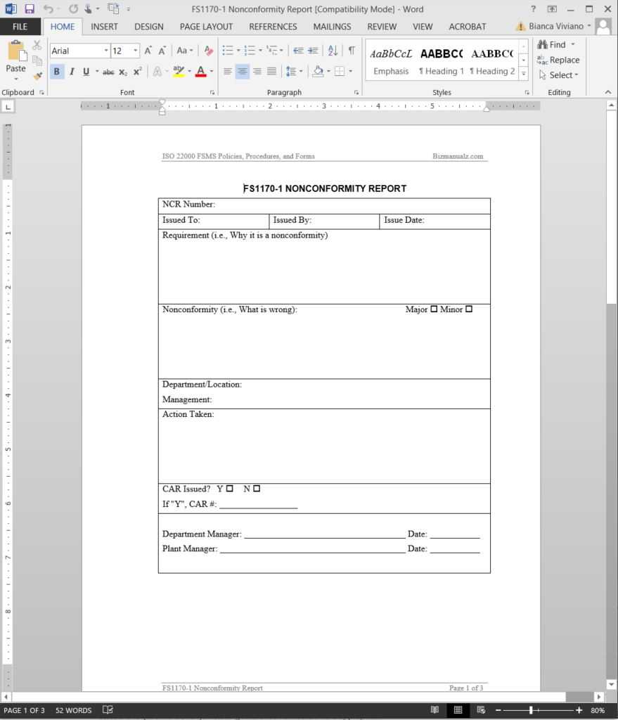 Fsms Nonconformity Report Template | Fds1170 1 Throughout Report Template Word 2013