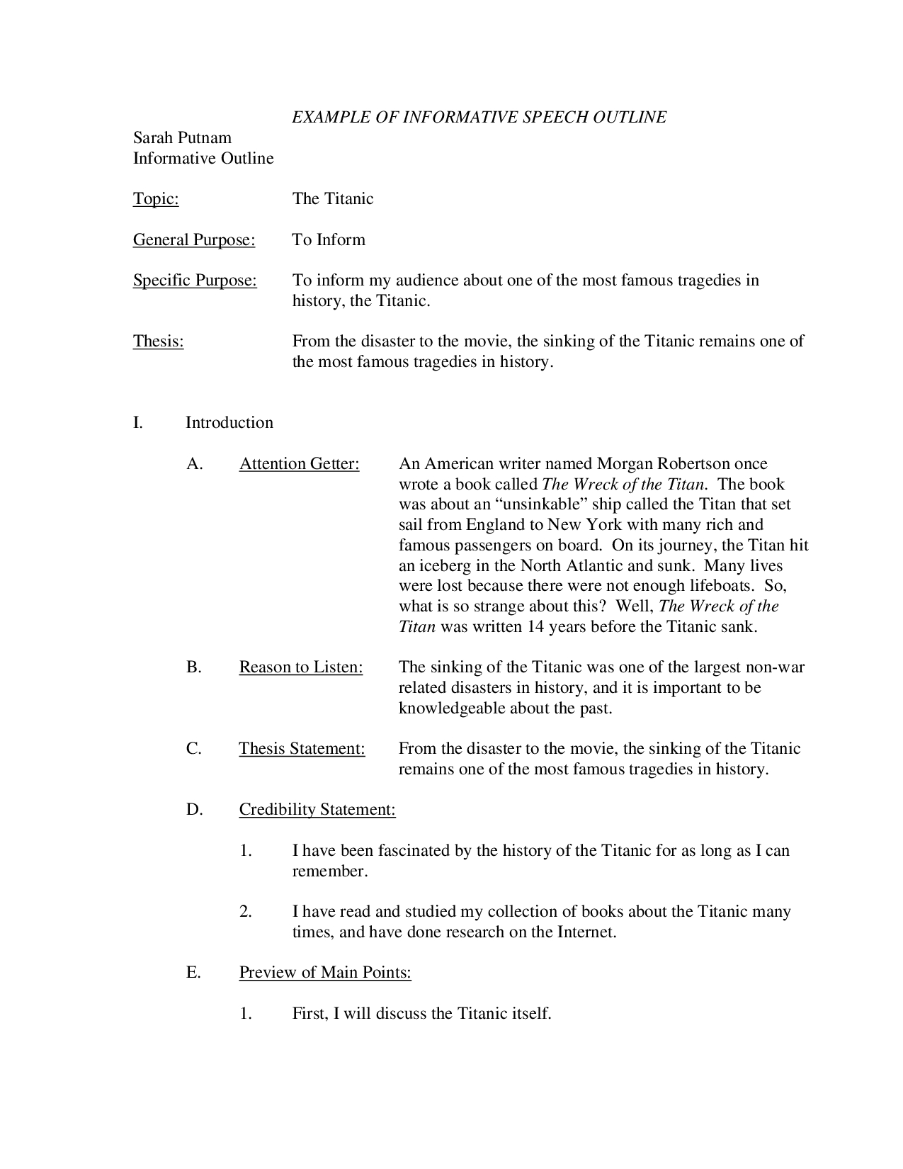 Informative Speech Outline Example – Docsity Throughout Speech Outline Template Word