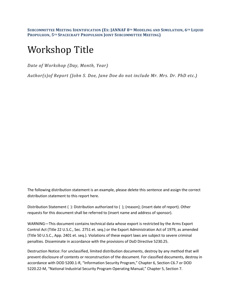 Jannaf Workshop Final Report Template Throughout Section 7 Report Template