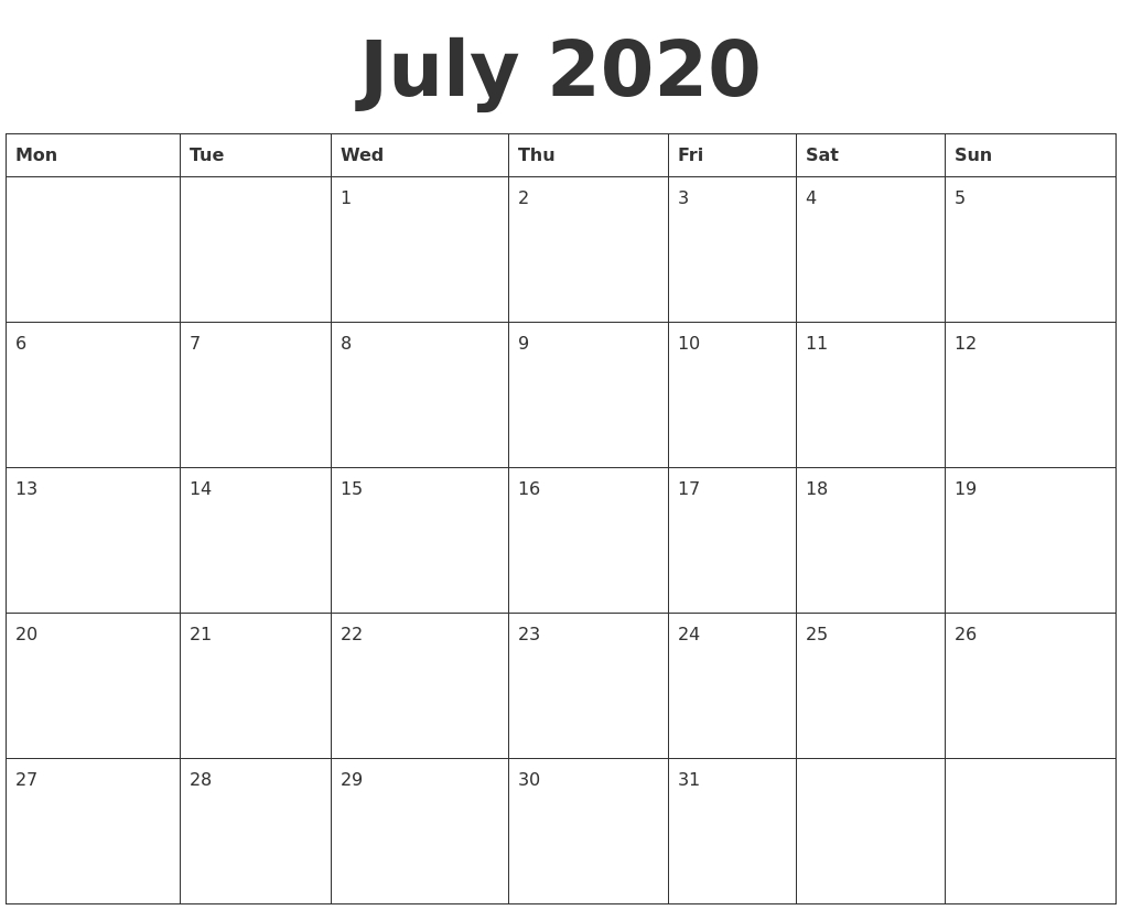 July 2020 Blank Calendar Template Intended For Blank Calender Template
