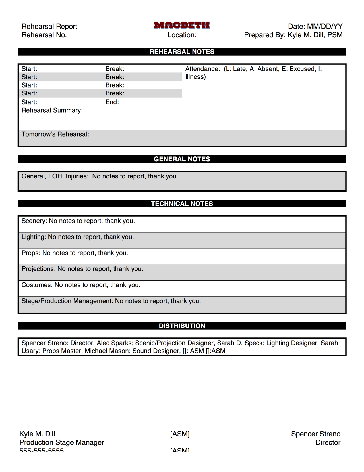 Macbeth@su Production Blog — Here's The Template For Our With Rehearsal Report Template