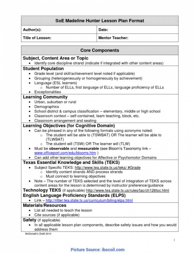 Madeline Hunter Lesson Plan Template Word