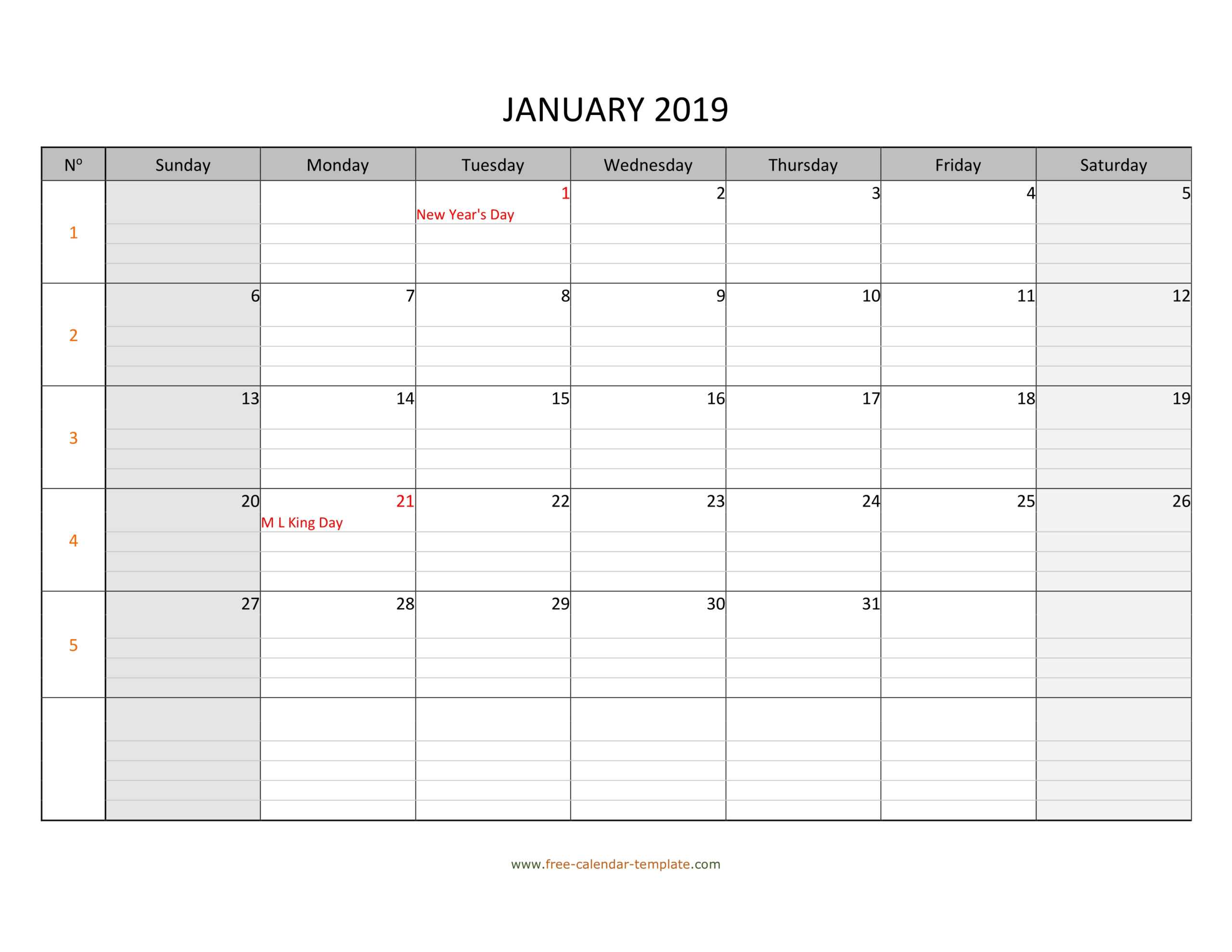 Monthly 2019 Calendar Free Printable With Grid Lines With Blank Calender Template