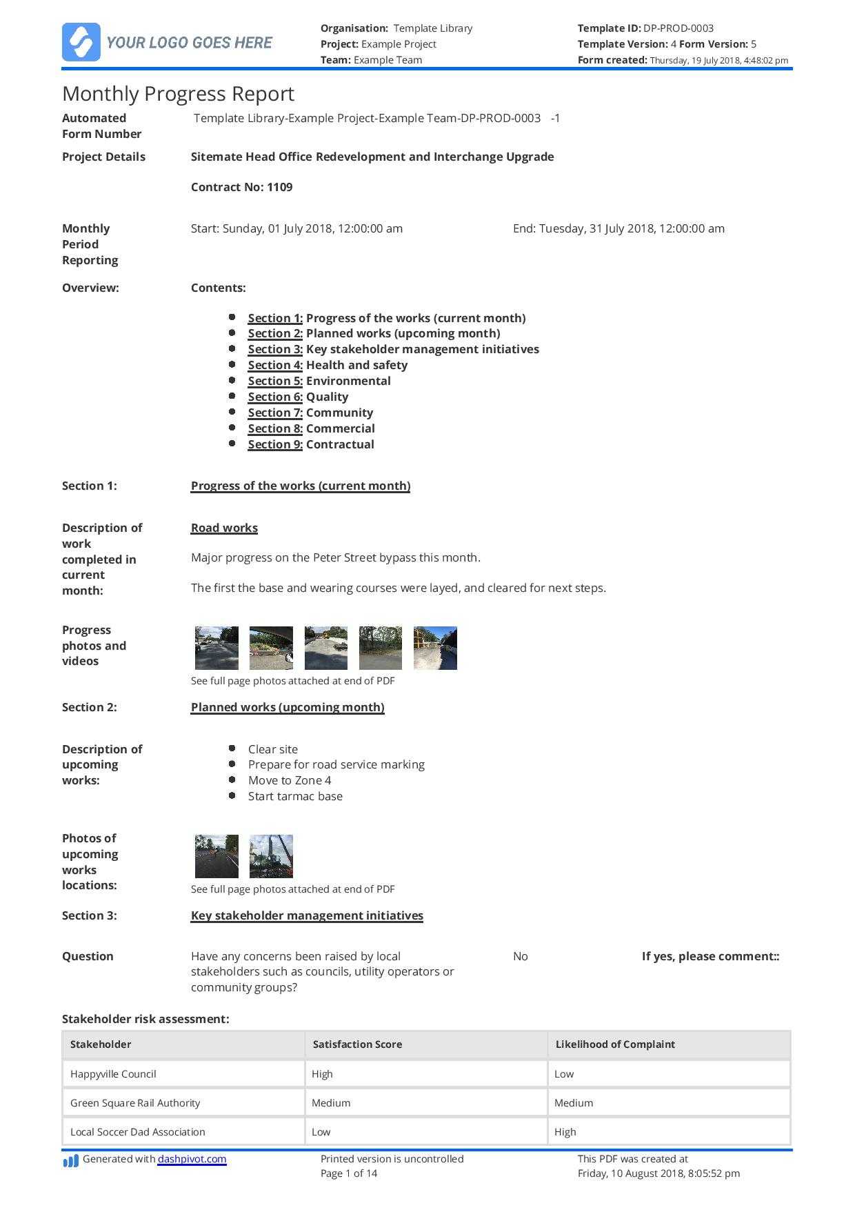 Monthly Construction Progress Report Template: Use This With Monthly Status Report Template