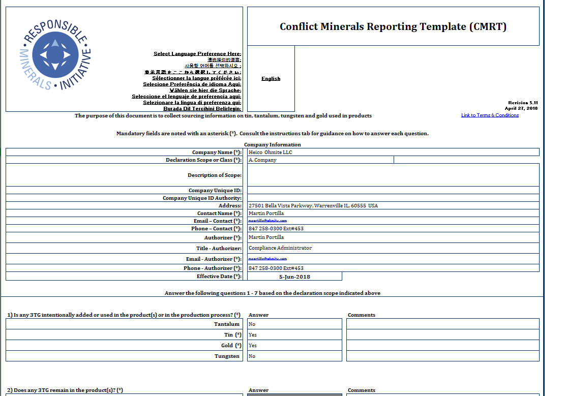 Ohmite – Conflict Minerals Reporting Template (Cmrt) – Rell Inside Conflict Minerals Reporting Template