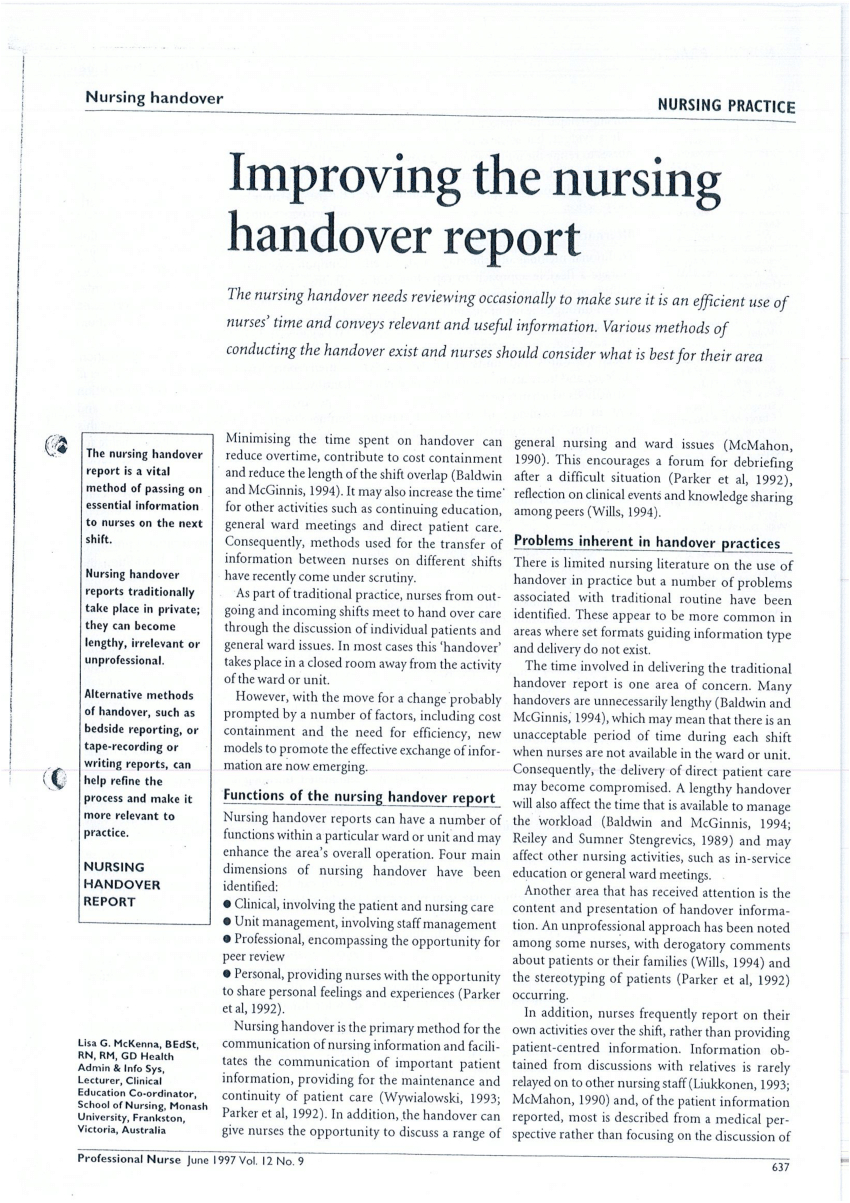 Pdf) Improving The Nursing Handover Report Within Nurse Report Template