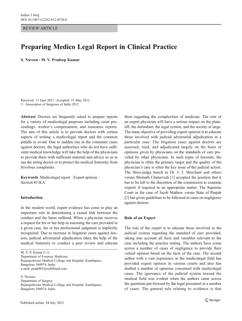 Pdf) Preparing Medico Legal Report In Clinical Practice With Regard To Medical Legal Report Template