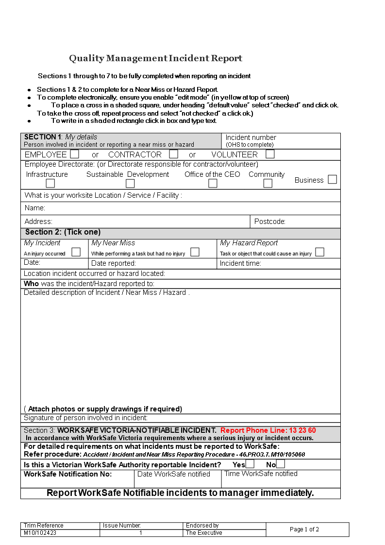 Quality Management Incident Report | Templates At In Incident Hazard Report Form Template