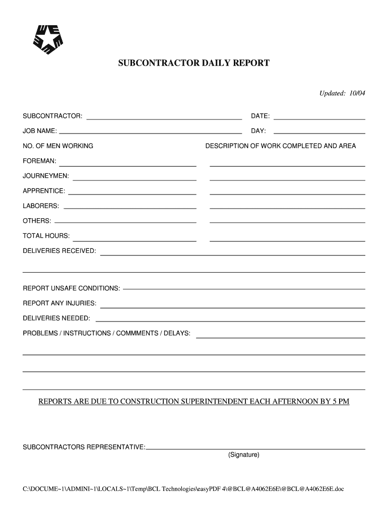 Subcontractor Daily Report - Fill Online, Printable Regarding Superintendent Daily Report Template