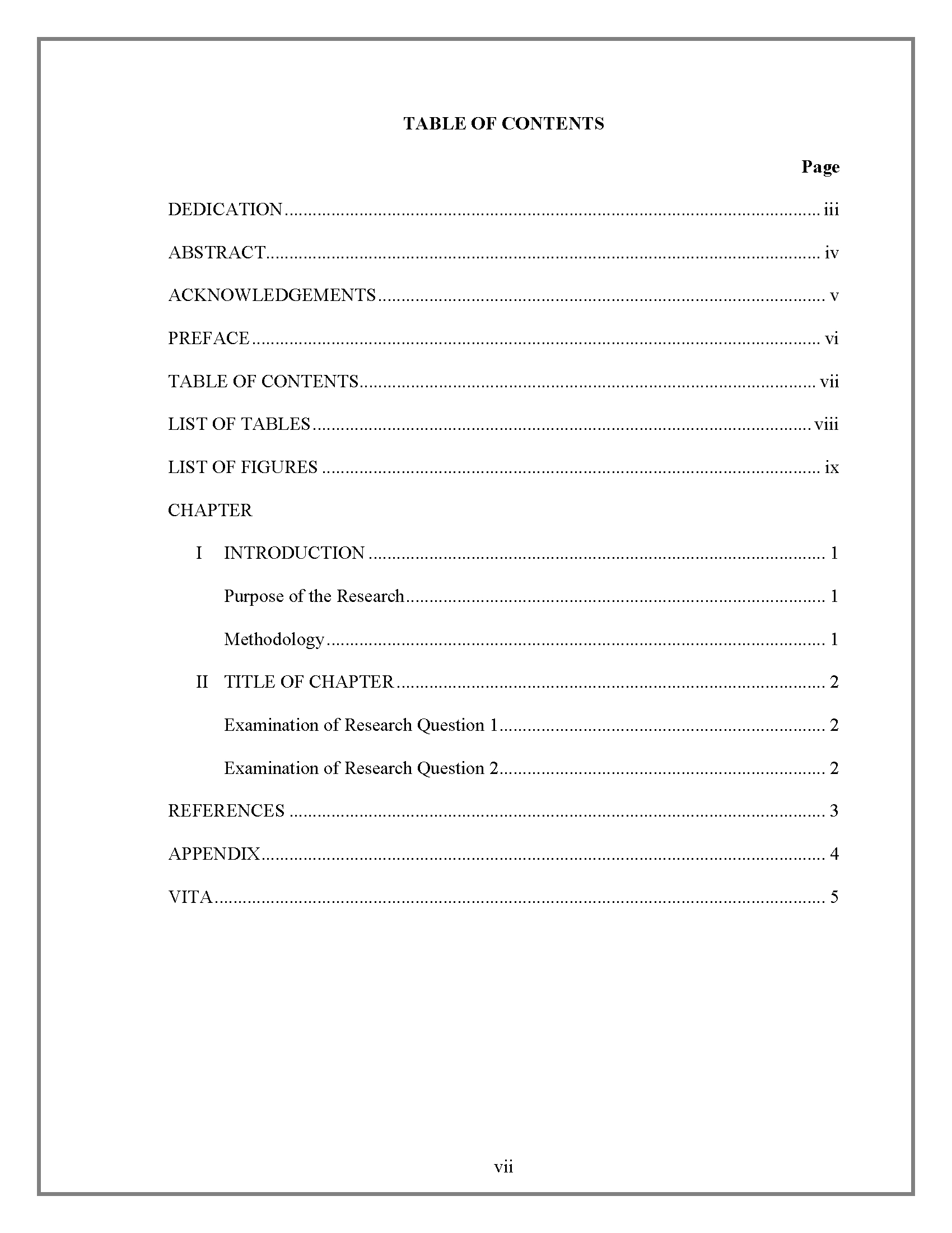 Table Of Contents – Thesis And Dissertation – Research Regarding Report Content Page Template
