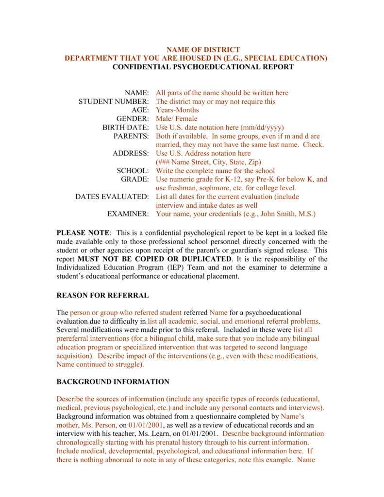 Template For A Bilingual Psychoeducational Report Inside Psychoeducational Report Template