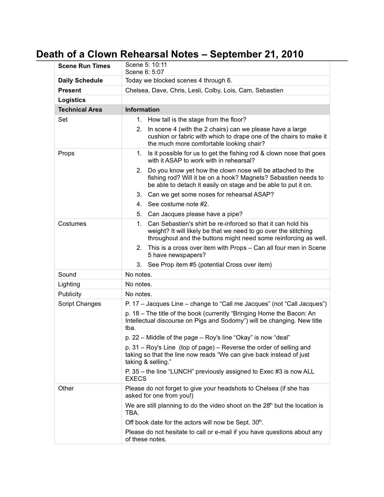 The Sm Prompt Book: Show Bible Pt. 2 – Lois Backstage Inside Rehearsal Report Template