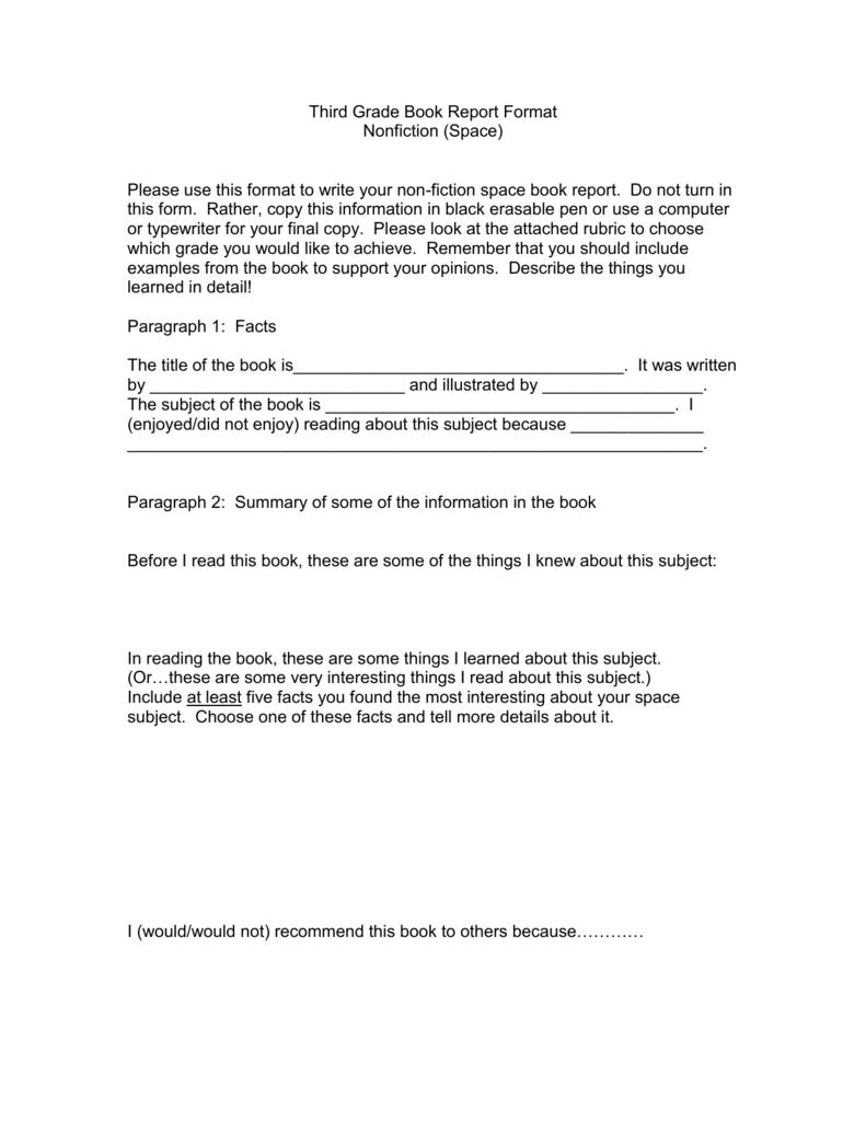 Third Grade Book Report Format For Nonfiction Book Report Template