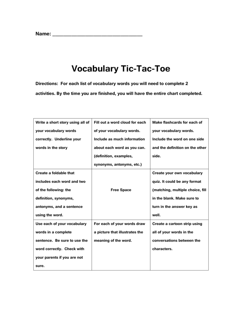 Vocabulary Tic Tac Toe Pertaining To Tic Tac Toe Template Word