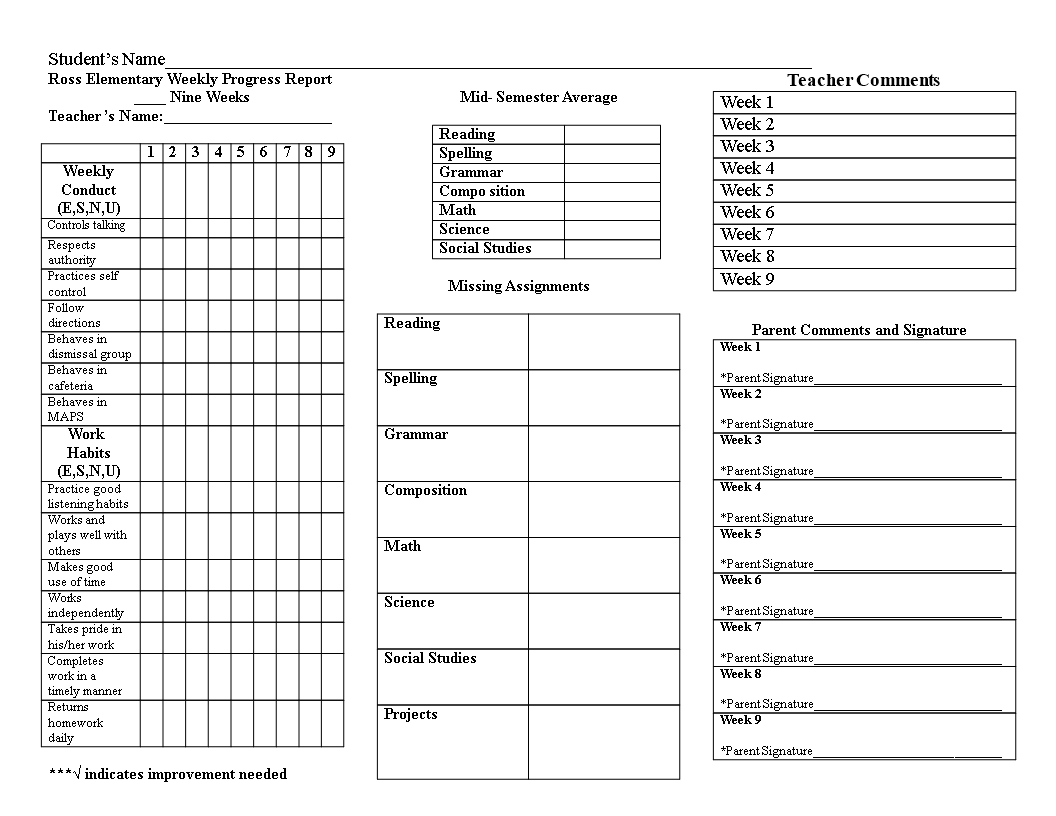 Weekly Student Progress Report Elementary | Templates At For School Progress Report Template